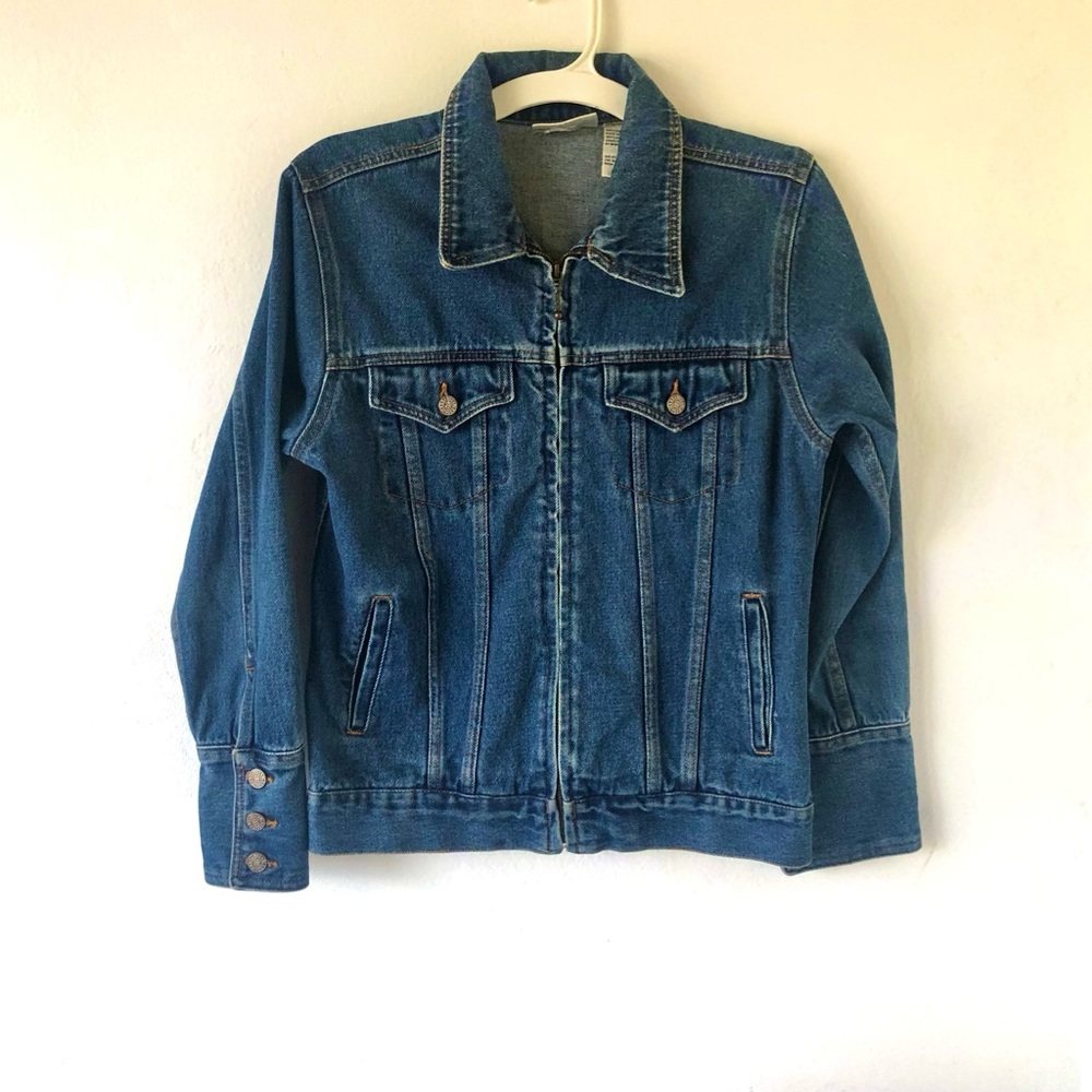 Vintage blue Denim zip up Trucker Jacket unique cuffs oversized fits Small Mediu
